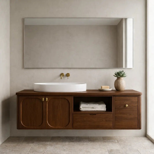 Floating Bathroom Vanity with Arched Cabinet Doors Drawer and Open Shelf Storage Kitchnce