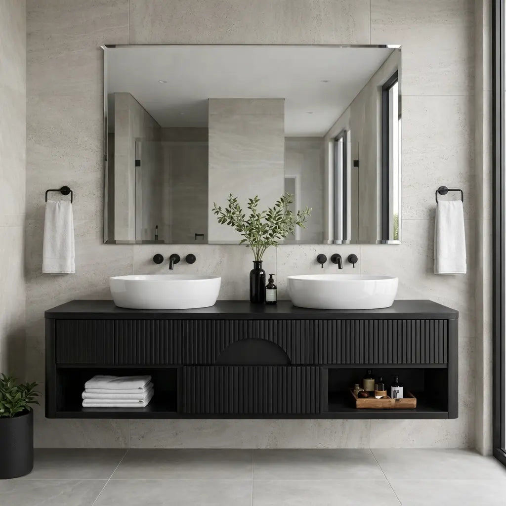 Floating Bathroom Vanity with Fluted Wood Front and Center Arch Drawer Design Kitchnce