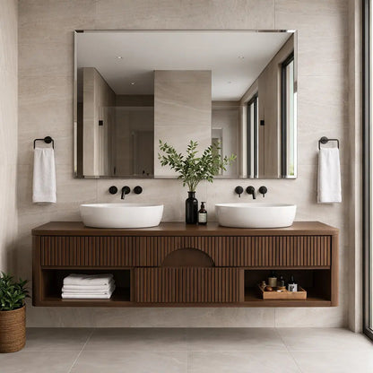 Floating Bathroom Vanity with Fluted Wood Front and Center Arch Drawer Design Kitchnce