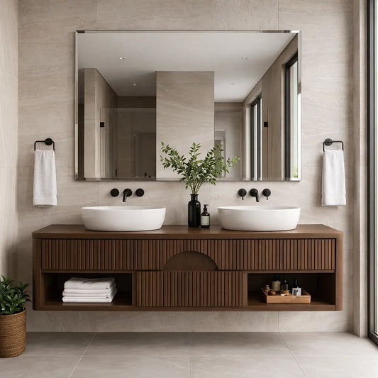 Floating Bathroom Vanity with Fluted Wood Front and Center Arch Drawer Design Kitchnce