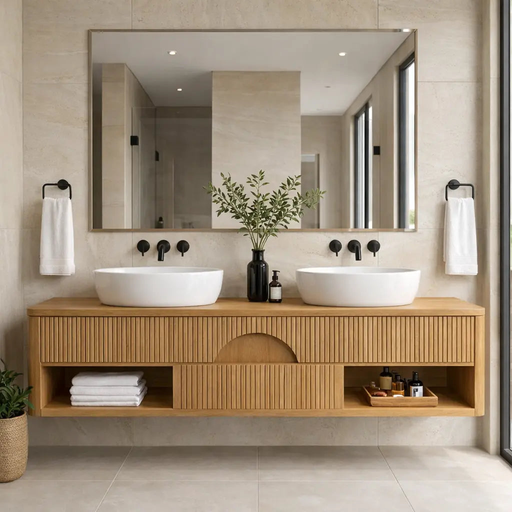 Floating Bathroom Vanity with Fluted Wood Front and Center Arch Drawer Design Kitchnce