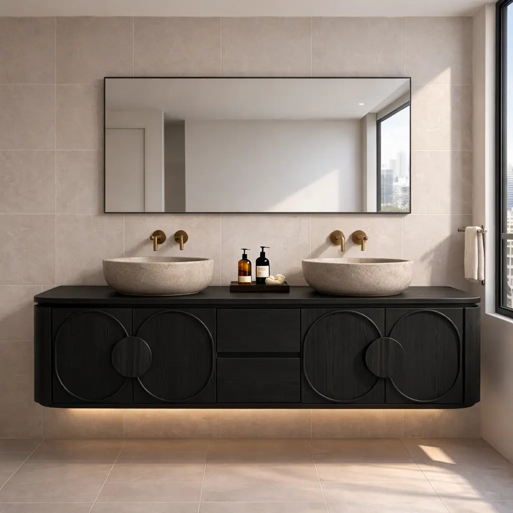 Floating Bathroom Vanity with Circular Panel Doors and Center Drawer Storage Kitchnce