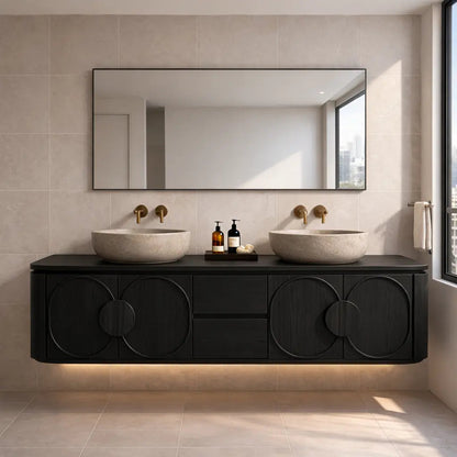 Floating Bathroom Vanity with Circular Panel Doors and Center Drawer Storage Kitchnce