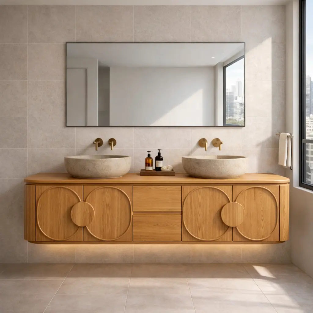 Floating Bathroom Vanity with Circular Panel Doors and Center Drawer Storage Kitchnce