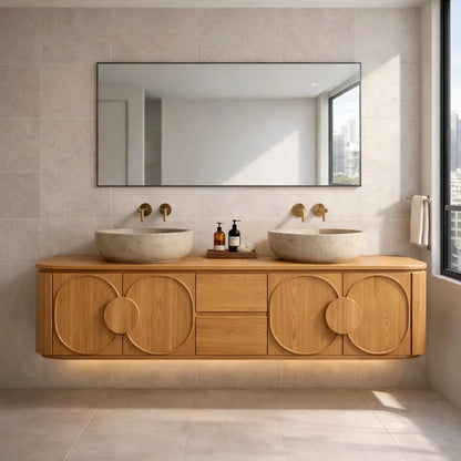 Floating Bathroom Vanity with Circular Panel Doors and Center Drawer Storage Kitchnce