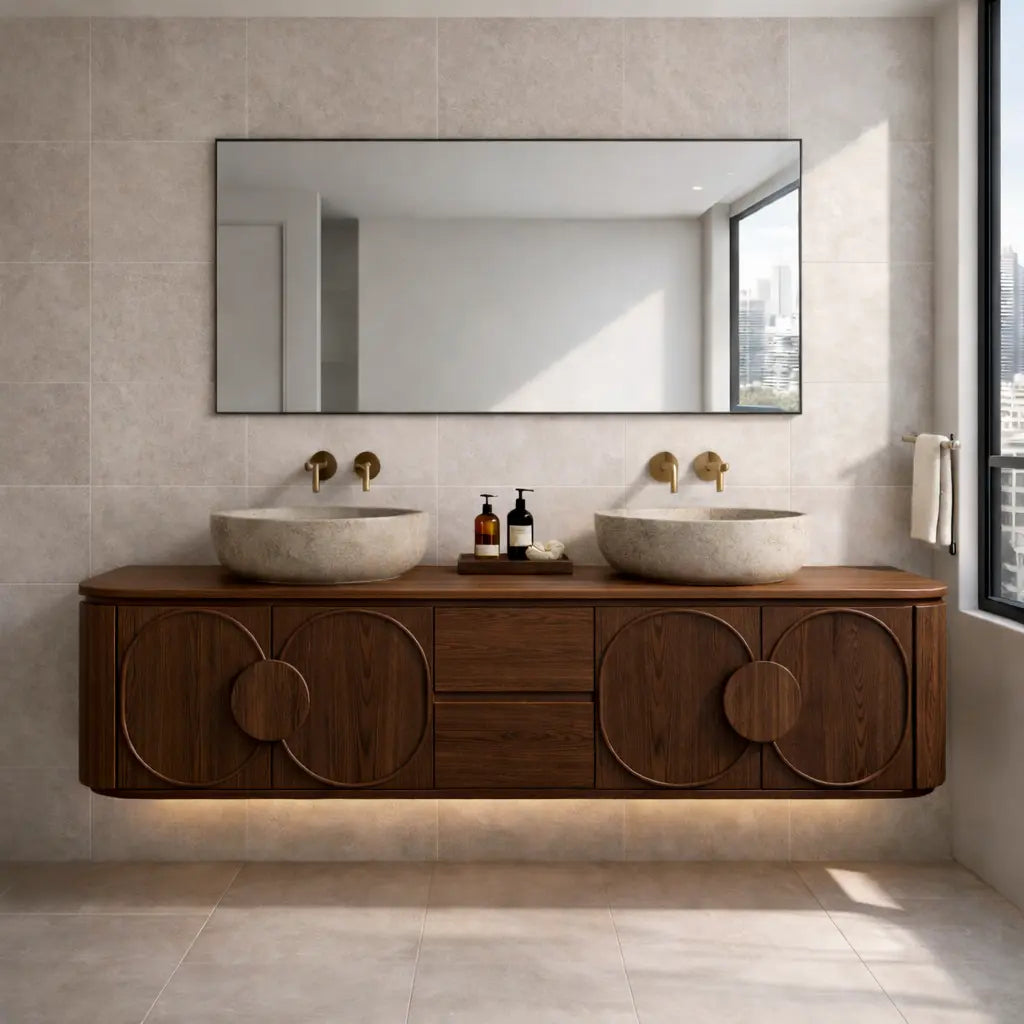 Floating Bathroom Vanity with Circular Panel Doors and Center Drawer Storage Kitchnce