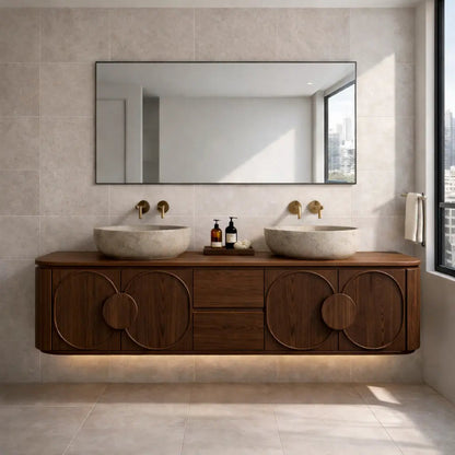 Floating Bathroom Vanity with Circular Panel Doors and Center Drawer Storage Kitchnce