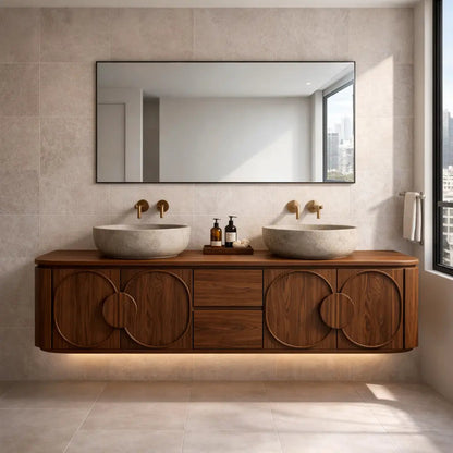 Floating Bathroom Vanity with Circular Panel Doors and Center Drawer Storage Kitchnce
