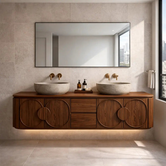 Floating Bathroom Vanity with Circular Panel Doors and Center Drawer Storage Kitchnce