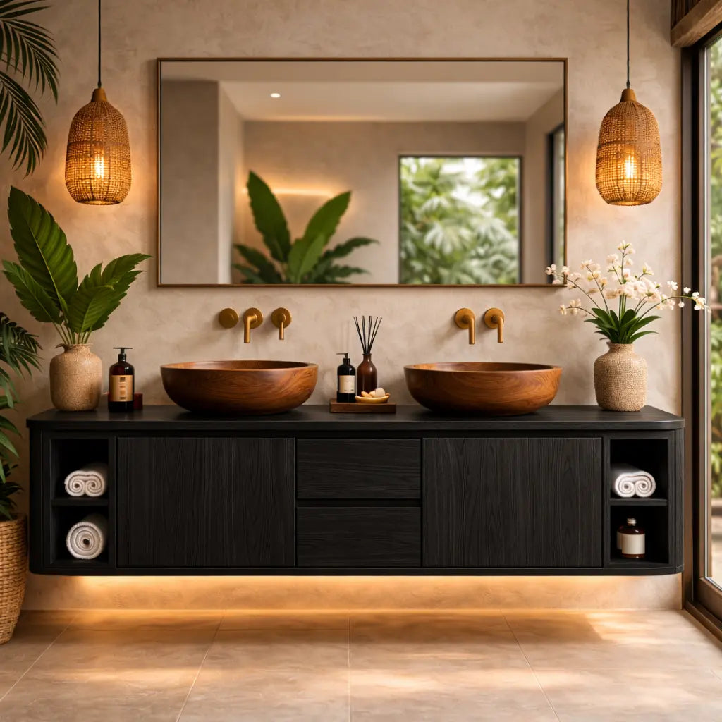 Solid Wood Floating Bathroom Vanity with Center Drawers and Open Side Shelves Storage Design Kitchnce