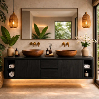 Solid Wood Floating Bathroom Vanity with Center Drawers and Open Side Shelves Storage Design Kitchnce