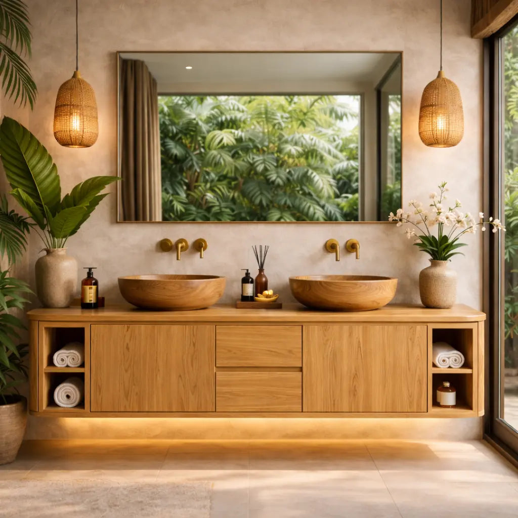 Solid Wood Floating Bathroom Vanity with Center Drawers and Open Side Shelves Storage Design Kitchnce