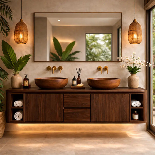 Solid Wood Floating Bathroom Vanity with Center Drawers and Open Side Shelves Storage Design Kitchnce