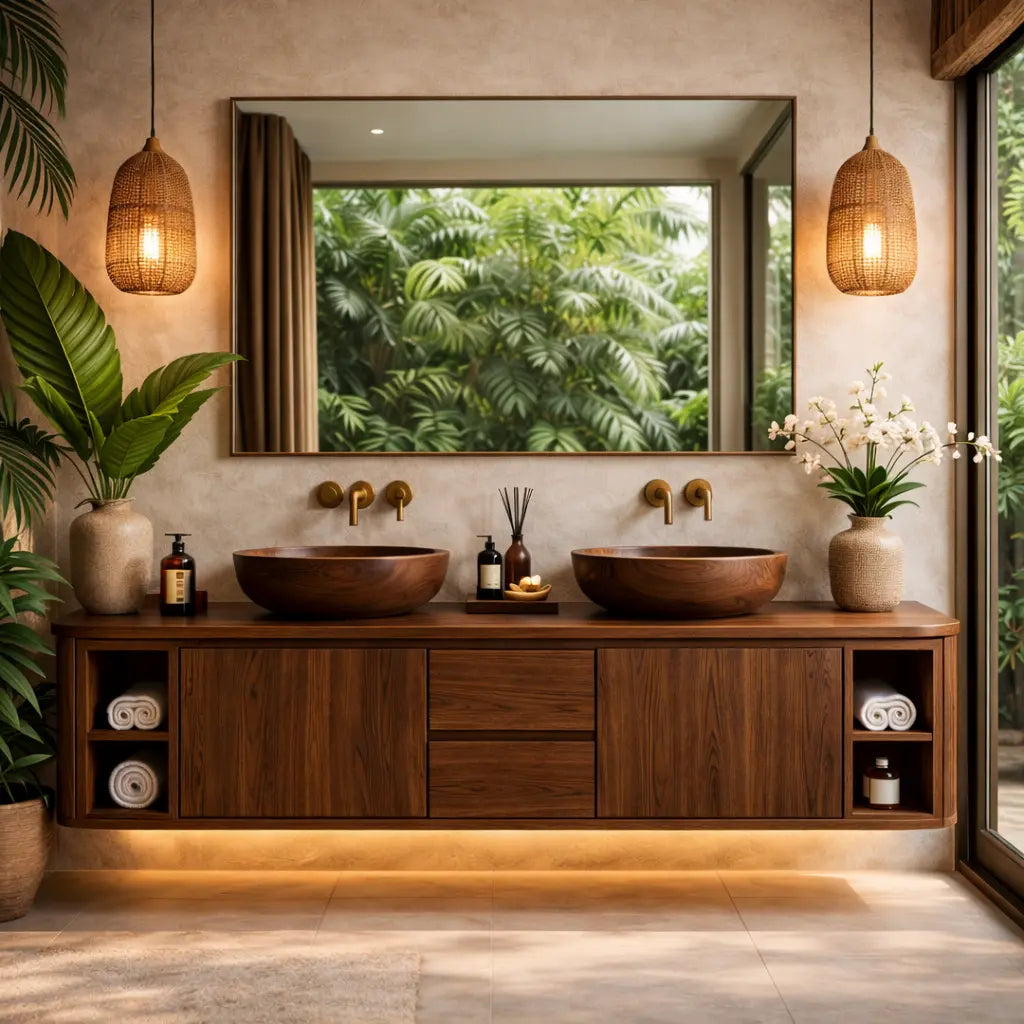 Solid Wood Floating Bathroom Vanity with Center Drawers and Open Side Shelves Storage Design Kitchnce