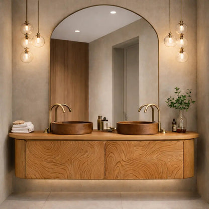 Floating Bathroom Vanity with Carved Wood Front and Rounded Edge Cabinet Design Kitchnce