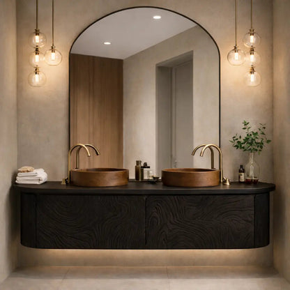 Floating Bathroom Vanity with Carved Wood Front and Rounded Edge Cabinet Design Kitchnce