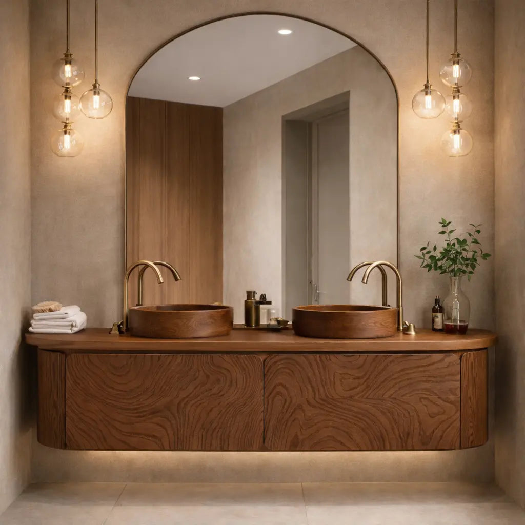 Floating Bathroom Vanity with Carved Wood Front and Rounded Edge Cabinet Design Kitchnce