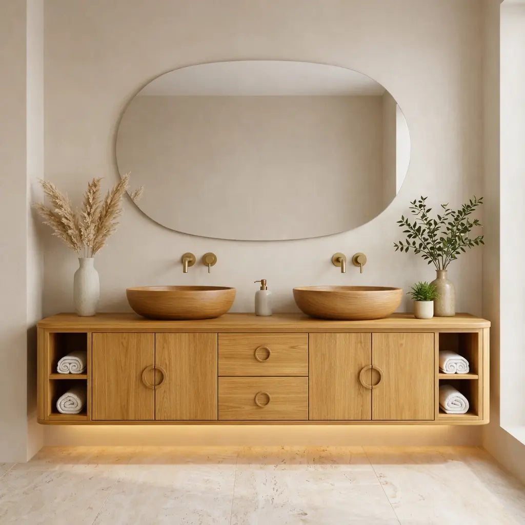 Floating Bathroom Vanity with Circle Handle Cabinets Center Drawers and Open Shelf Storage Kitchnce