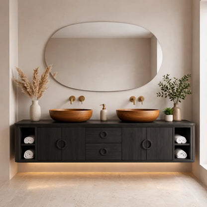 Floating Bathroom Vanity with Circle Handle Cabinets Center Drawers and Open Shelf Storage Kitchnce