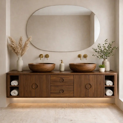 Floating Bathroom Vanity with Circle Handle Cabinets Center Drawers and Open Shelf Storage Kitchnce