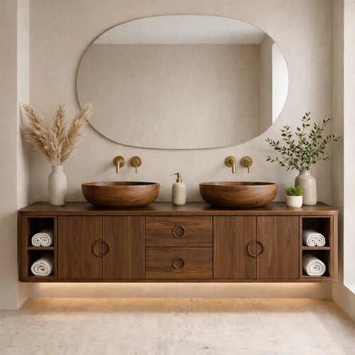 Floating Bathroom Vanity with Circle Handle Cabinets Center Drawers and Open Shelf Storage Kitchnce