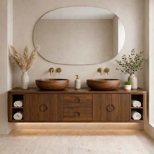 Floating Bathroom Vanity with Circle Handle Cabinets Center Drawers and Open Shelf Storage Kitchnce