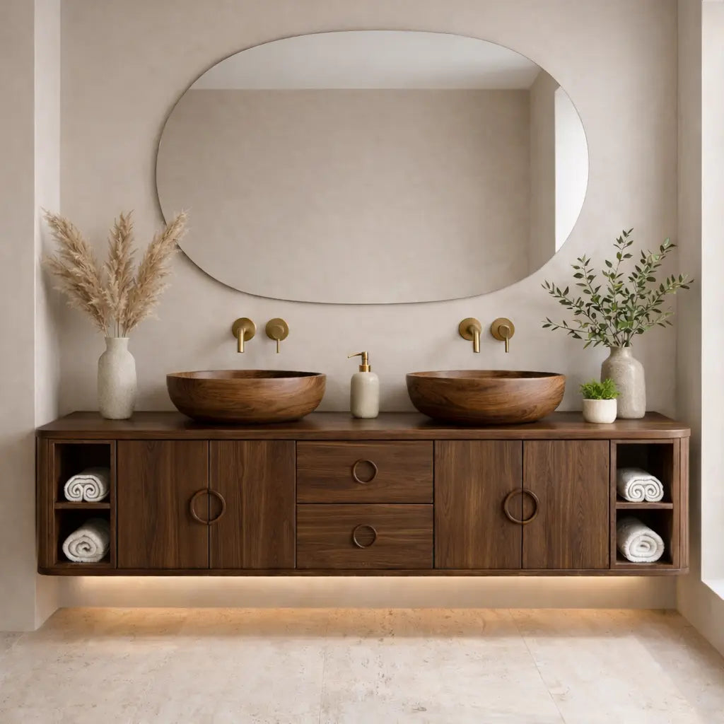 Floating Bathroom Vanity with Circle Handle Cabinets Center Drawers and Open Shelf Storage Kitchnce