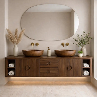 Floating Bathroom Vanity with Circle Handle Cabinets Center Drawers and Open Shelf Storage Kitchnce