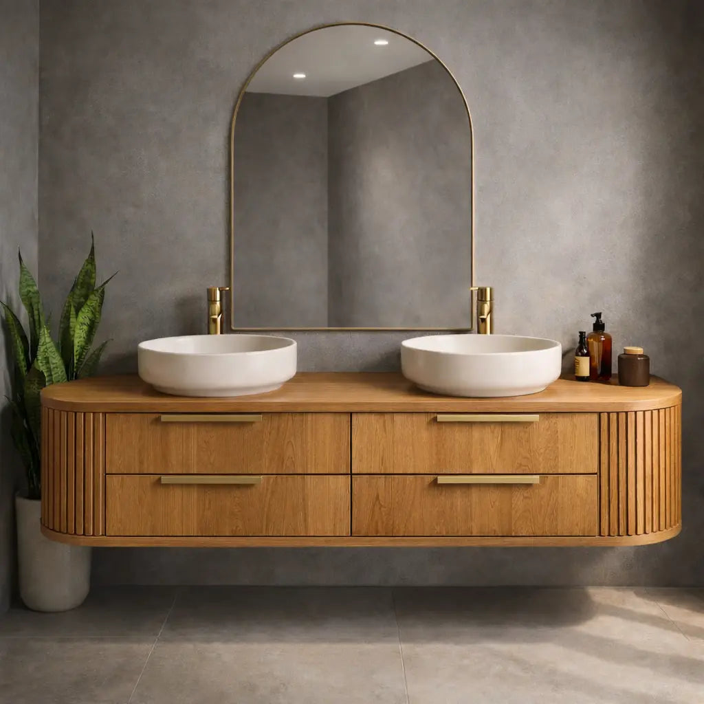 Floating Bathroom Vanity with Fluted Side Panels and Four Drawer Storage Design Kitchnce