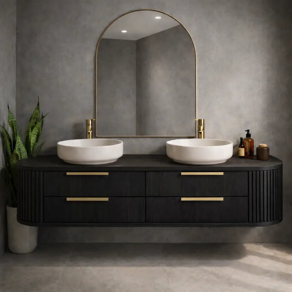 Floating Bathroom Vanity with Fluted Side Panels and Four Drawer Storage Design Kitchnce