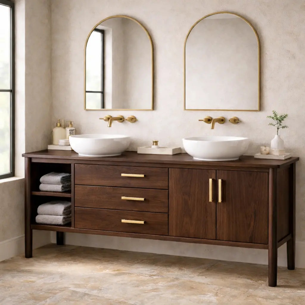 Solid Wood Bathroom Vanity with Open Shelf, Three Drawers and Double Door Cabinet Kitchnce
