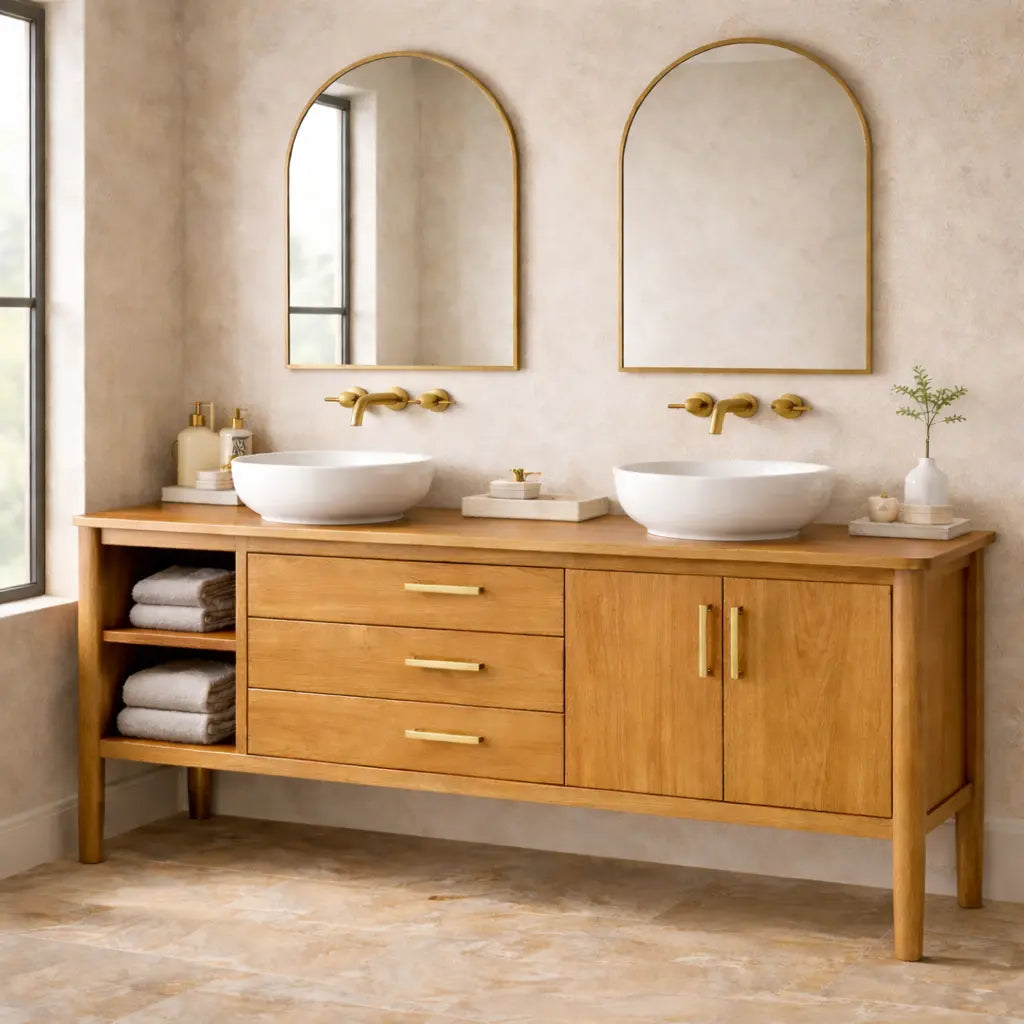 Solid Wood Bathroom Vanity with Open Shelf, Three Drawers and Double Door Cabinet Kitchnce