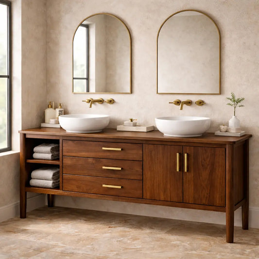 Solid Wood Bathroom Vanity with Open Shelf, Three Drawers and Double Door Cabinet Kitchnce