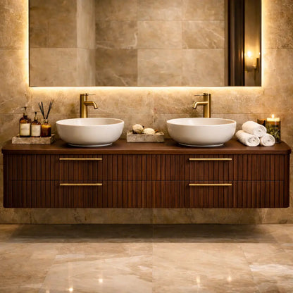Floating Bathroom Vanity with Fluted Wood Front and Four Drawer Storage Design Kitchnce