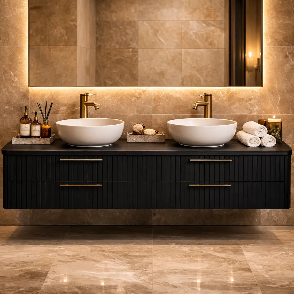Floating Bathroom Vanity with Fluted Wood Front and Four Drawer Storage Design Kitchnce