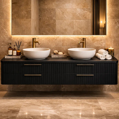 Floating Bathroom Vanity with Fluted Wood Front and Four Drawer Storage Design Kitchnce