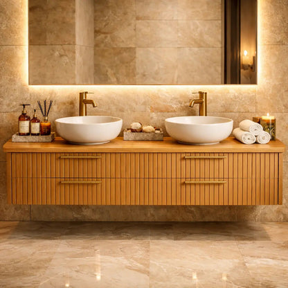 Floating Bathroom Vanity with Fluted Wood Front and Four Drawer Storage Design Kitchnce