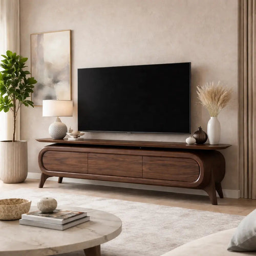 Solid Wood TV Stand with Rounded Frame Design and Three Drawer Media Storage Kitchnce
