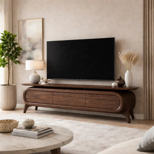 Solid Wood TV Stand with Rounded Frame Design and Three Drawer Media Storage Kitchnce