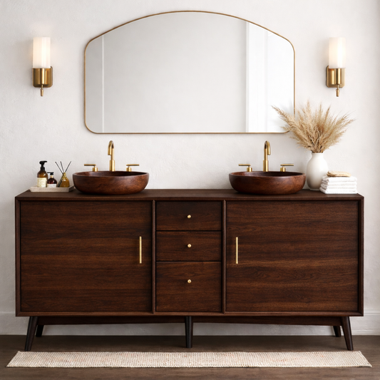 Solid Wood Bathroom Vanity with Mid Century Legs, Center Drawers and Double Cabinet Doors