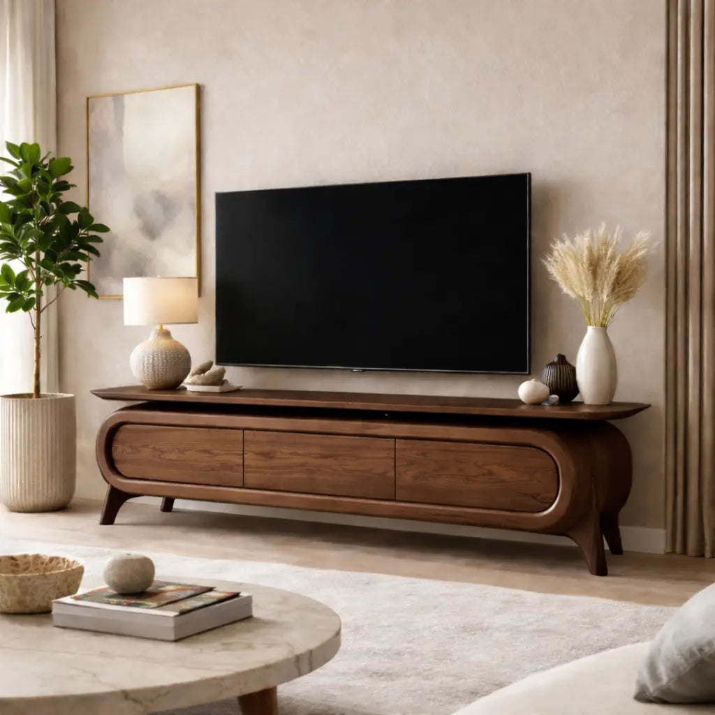 Solid Wood TV Stand with Rounded Frame Design and Three Drawer Media Storage Kitchnce