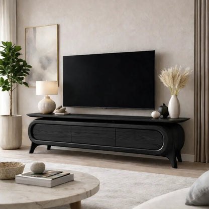 Solid Wood TV Stand with Rounded Frame Design and Three Drawer Media Storage Kitchnce