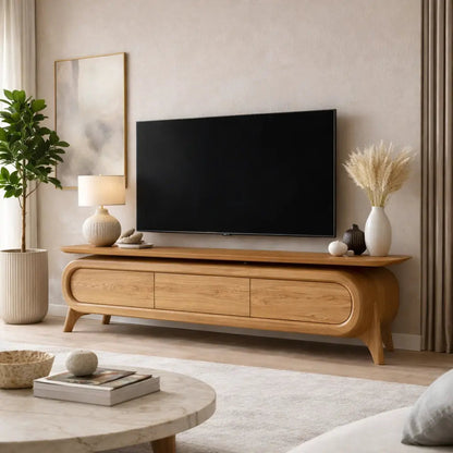 Solid Wood TV Stand with Rounded Frame Design and Three Drawer Media Storage Kitchnce