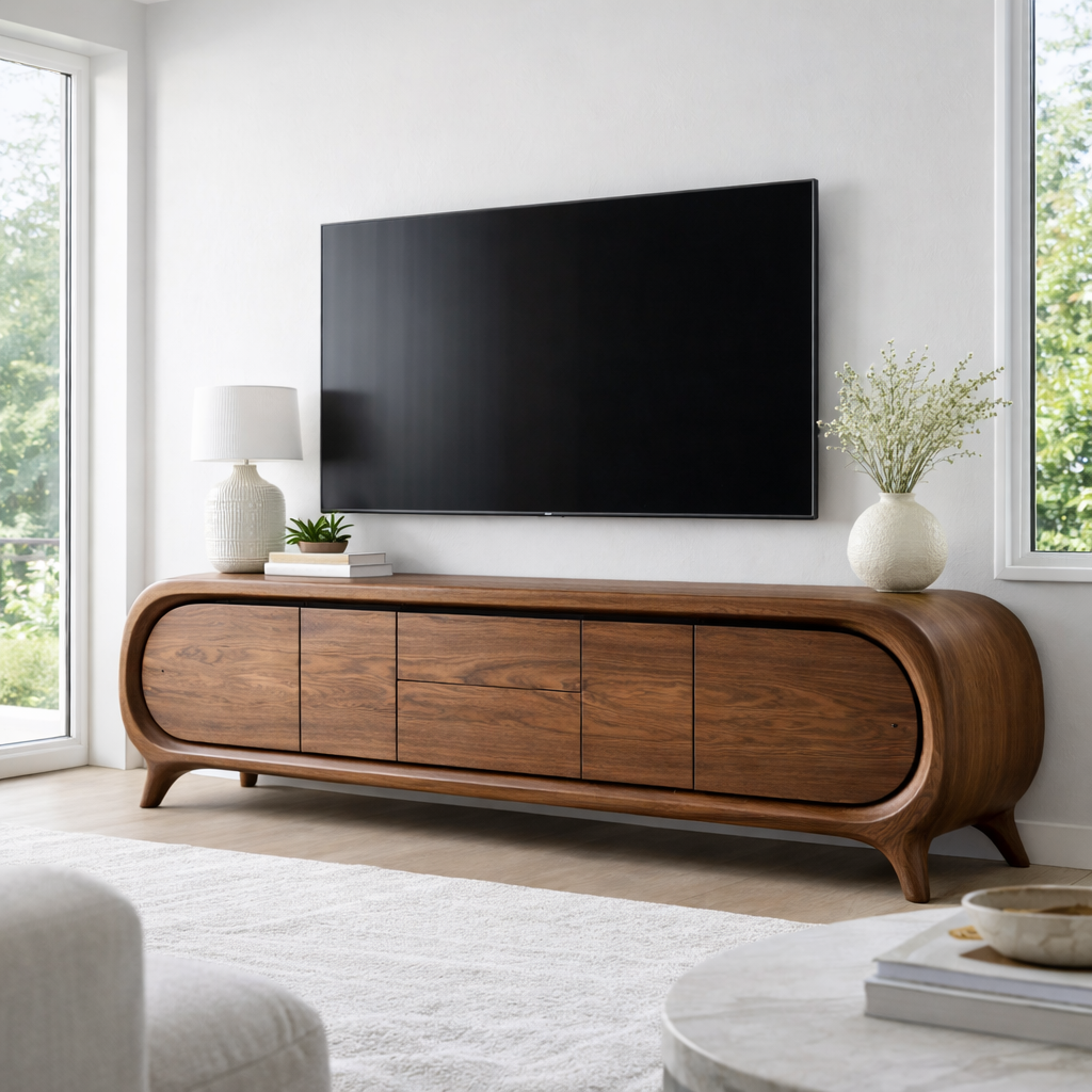Solid Wood TV Stand with Rounded Edge Frame and Multi Door Media Storage Cabinet