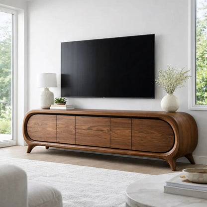 Solid Wood TV Stand with Rounded Edge Frame and Multi Door Media Storage Cabinet Kitchnce
