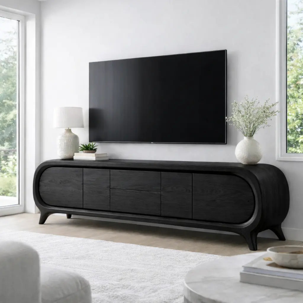 Solid Wood TV Stand with Rounded Edge Frame and Multi Door Media Storage Cabinet Kitchnce