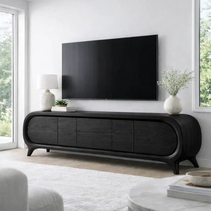 Solid Wood TV Stand with Rounded Edge Frame and Multi Door Media Storage Cabinet Kitchnce