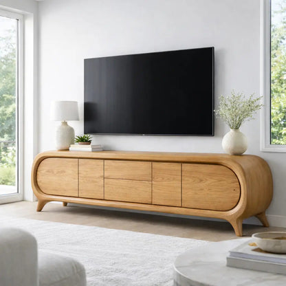 Solid Wood TV Stand with Rounded Edge Frame and Multi Door Media Storage Cabinet Kitchnce