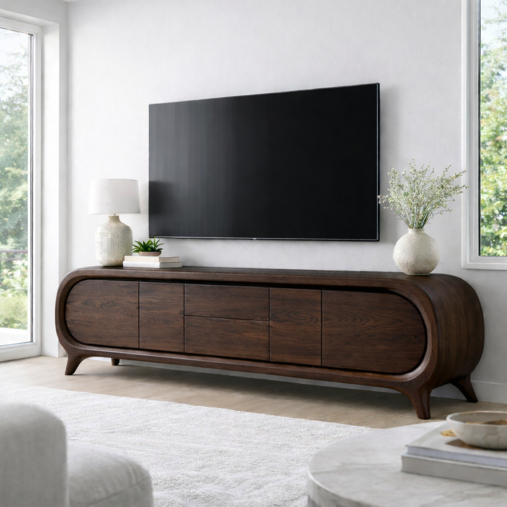 Solid Wood TV Stand with Rounded Edge Frame and Multi Door Media Storage Cabinet