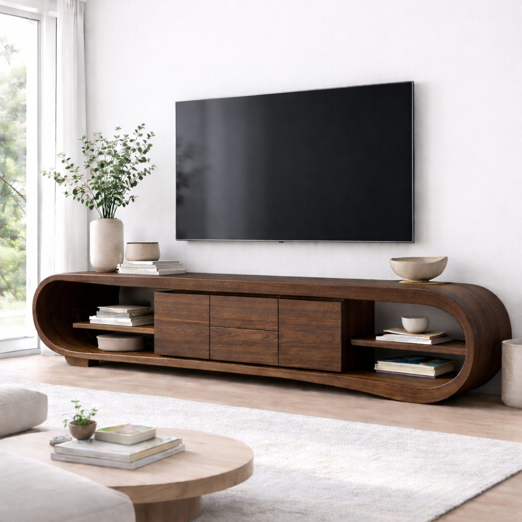 Solid Wood TV Stand with Rounded Frame Ends, Open Shelves and Center Cabinet Storage
